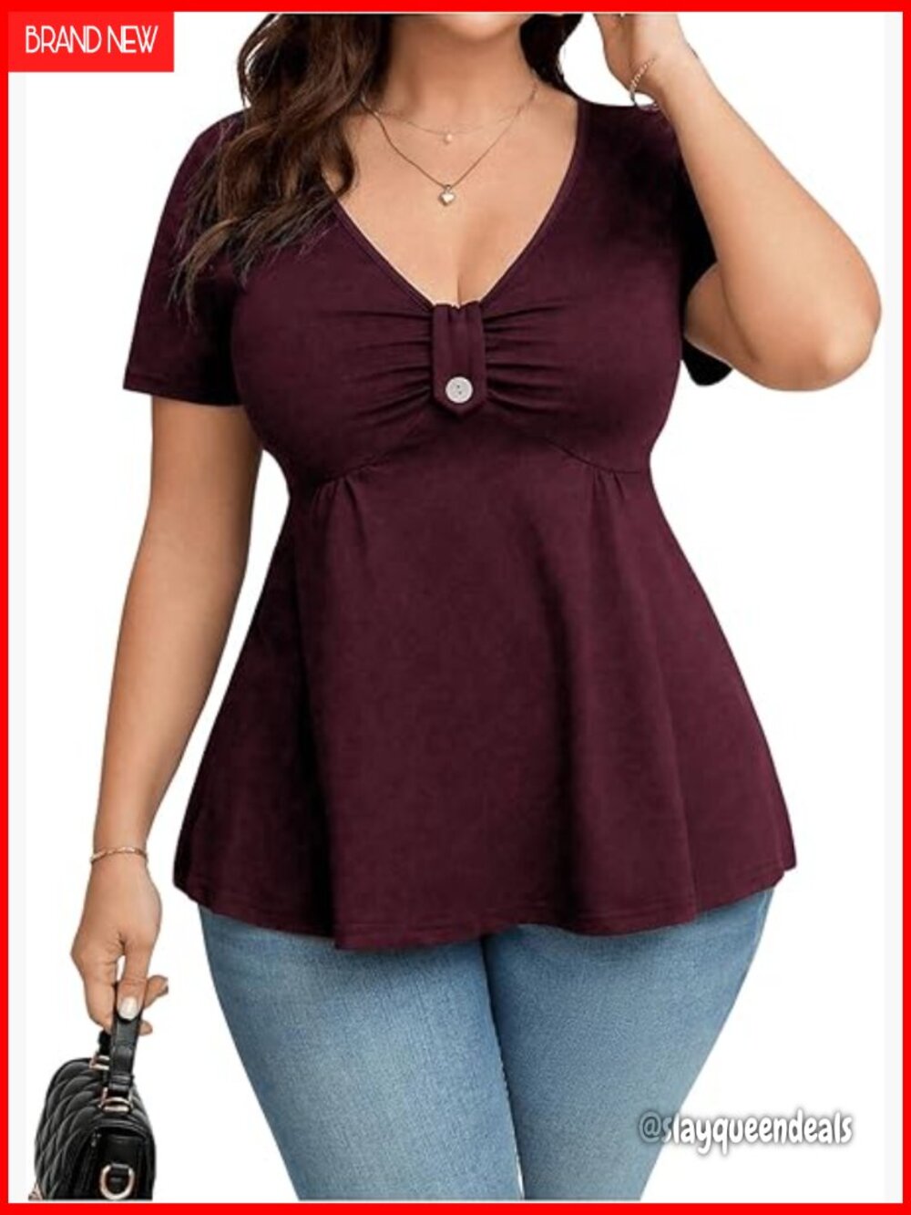 Plus Size Peplum Tops Casual Ruched Ruffle V Neck Short Sleeve T Shirts Cute